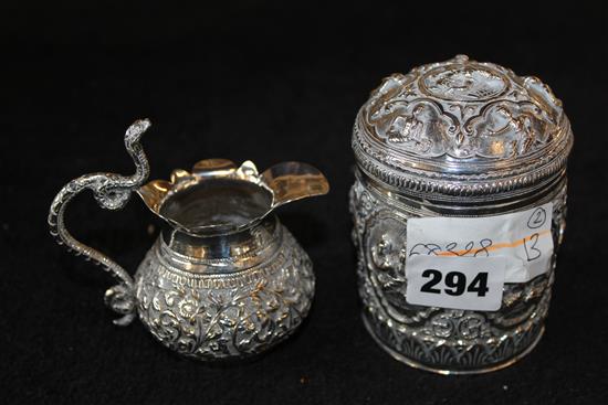 Burmese silver cylindrical box and Indian silver milk jug